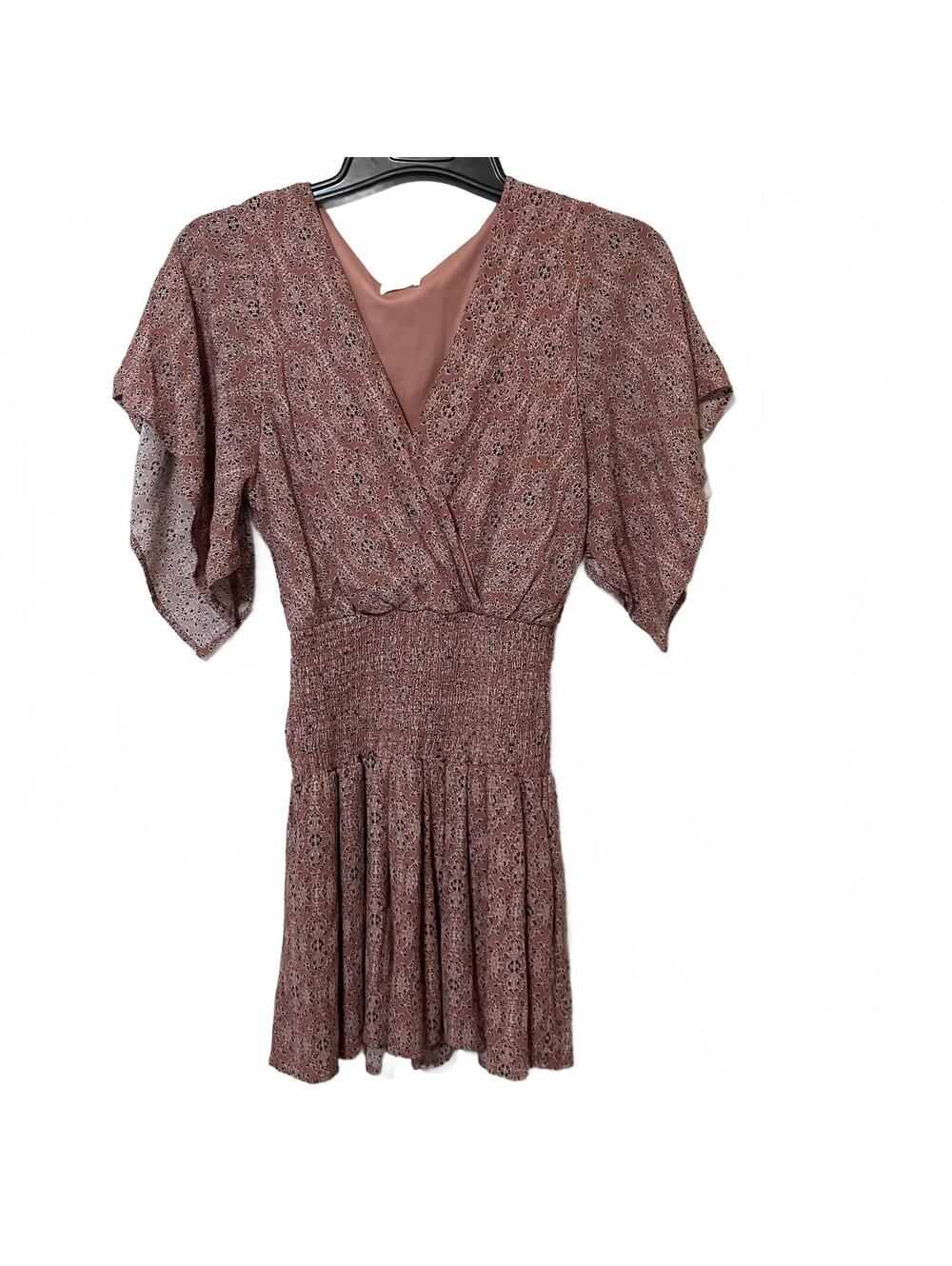 Dee Elly Pink Feminine V-Neck Smocked Fit and Flare Short Sleeve Dress Small